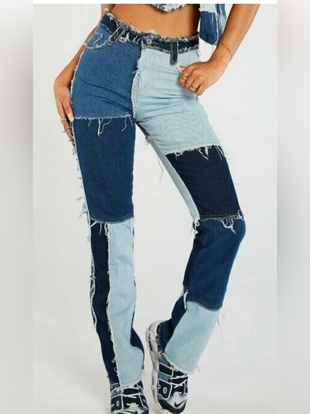 NWT Jaded London Blue Patchwork Denim Boyfriend Jeans Frayed W 28